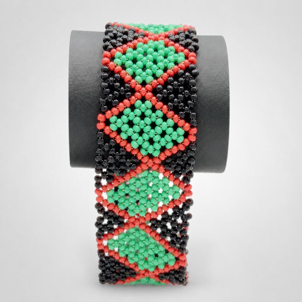 Vintage Beaded Bracelet 7" Southwestern-‎ Red Black Green Native American sbr-34